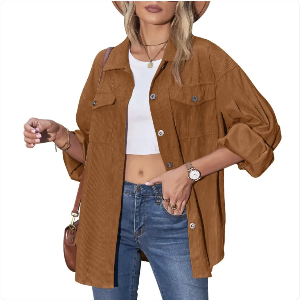 VEXIA Women's Solid Button Front Drop Shoulder Corduroy Shirt