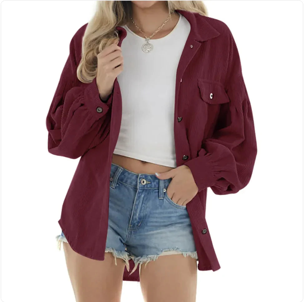 VEXIA Women's Solid Button Front Drop Shoulder Corduroy Shirt