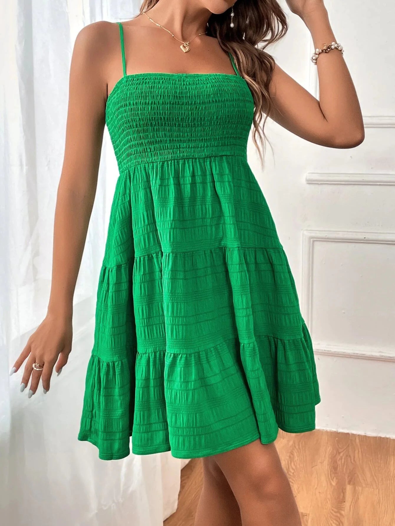 VEXIA Women's Plain Textured Ruffle Hem Shirred Cami Dress