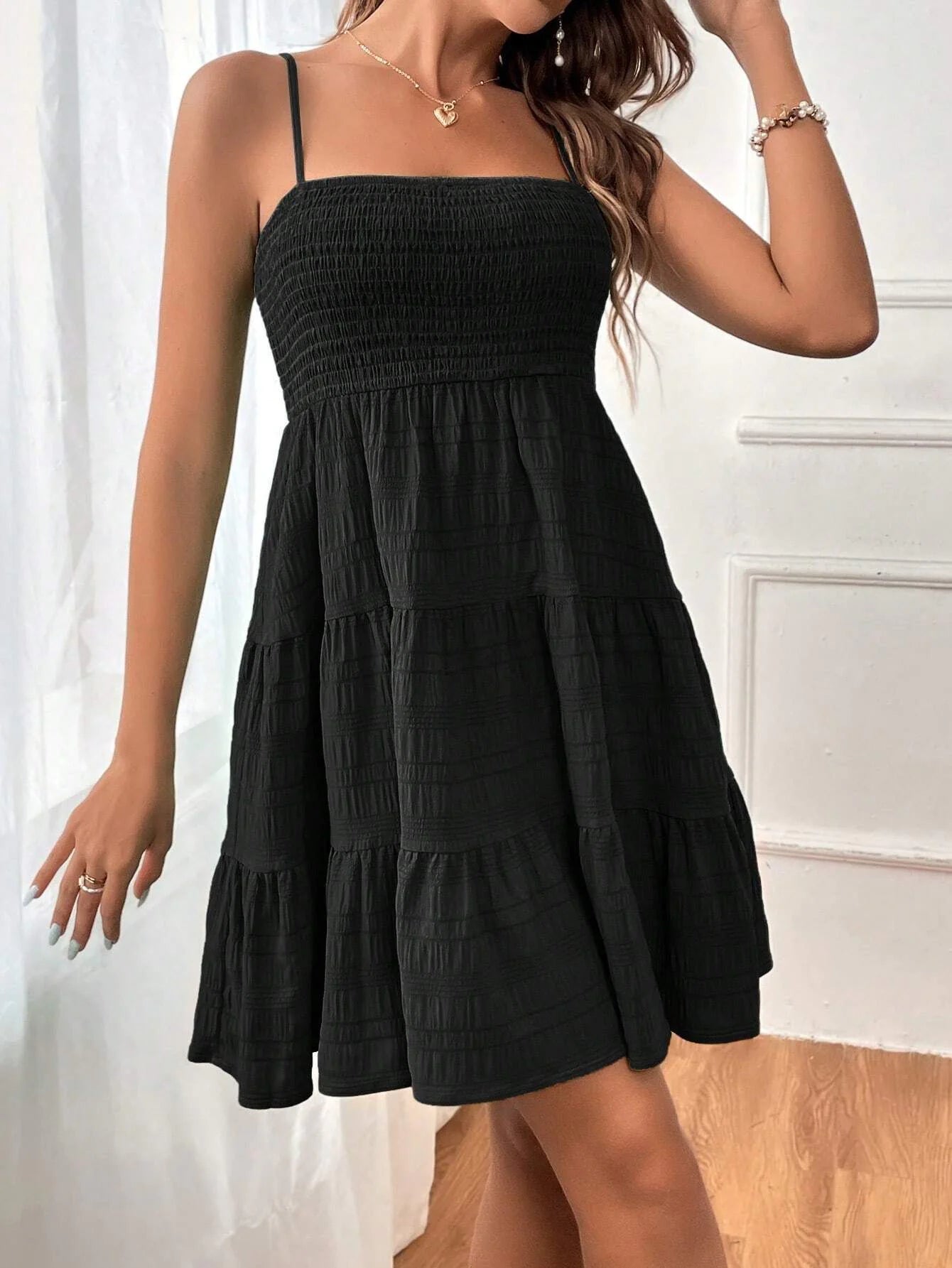 VEXIA Women's Plain Textured Ruffle Hem Shirred Cami Dress
