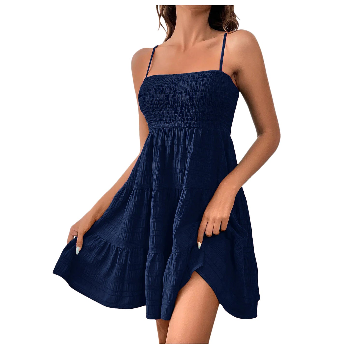 VEXIA Women's Plain Textured Ruffle Hem Shirred Cami Dress