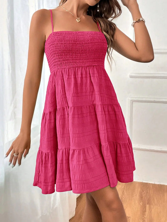 VEXIA Women's Plain Textured Ruffle Hem Shirred Cami Dress