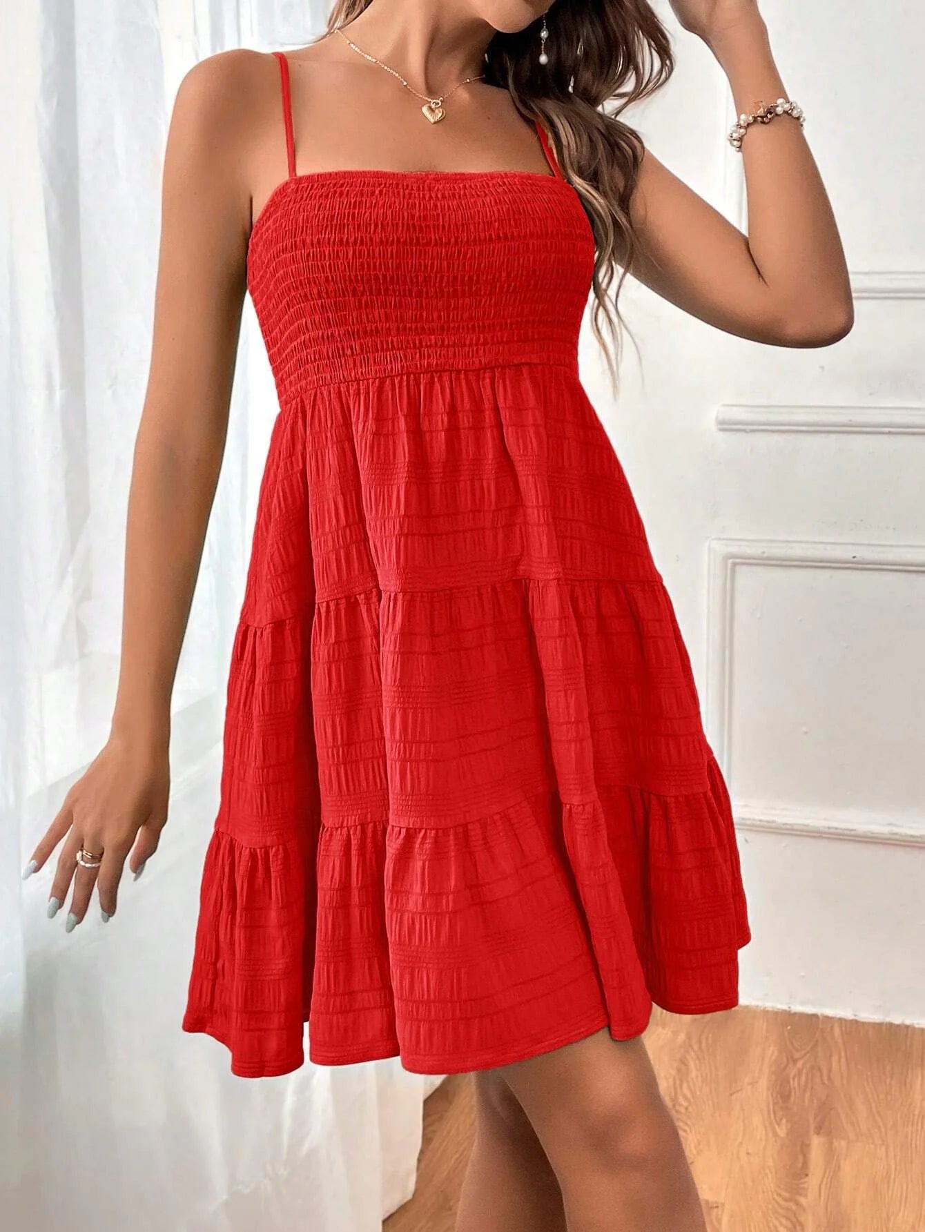 VEXIA Women's Plain Textured Ruffle Hem Shirred Cami Dress