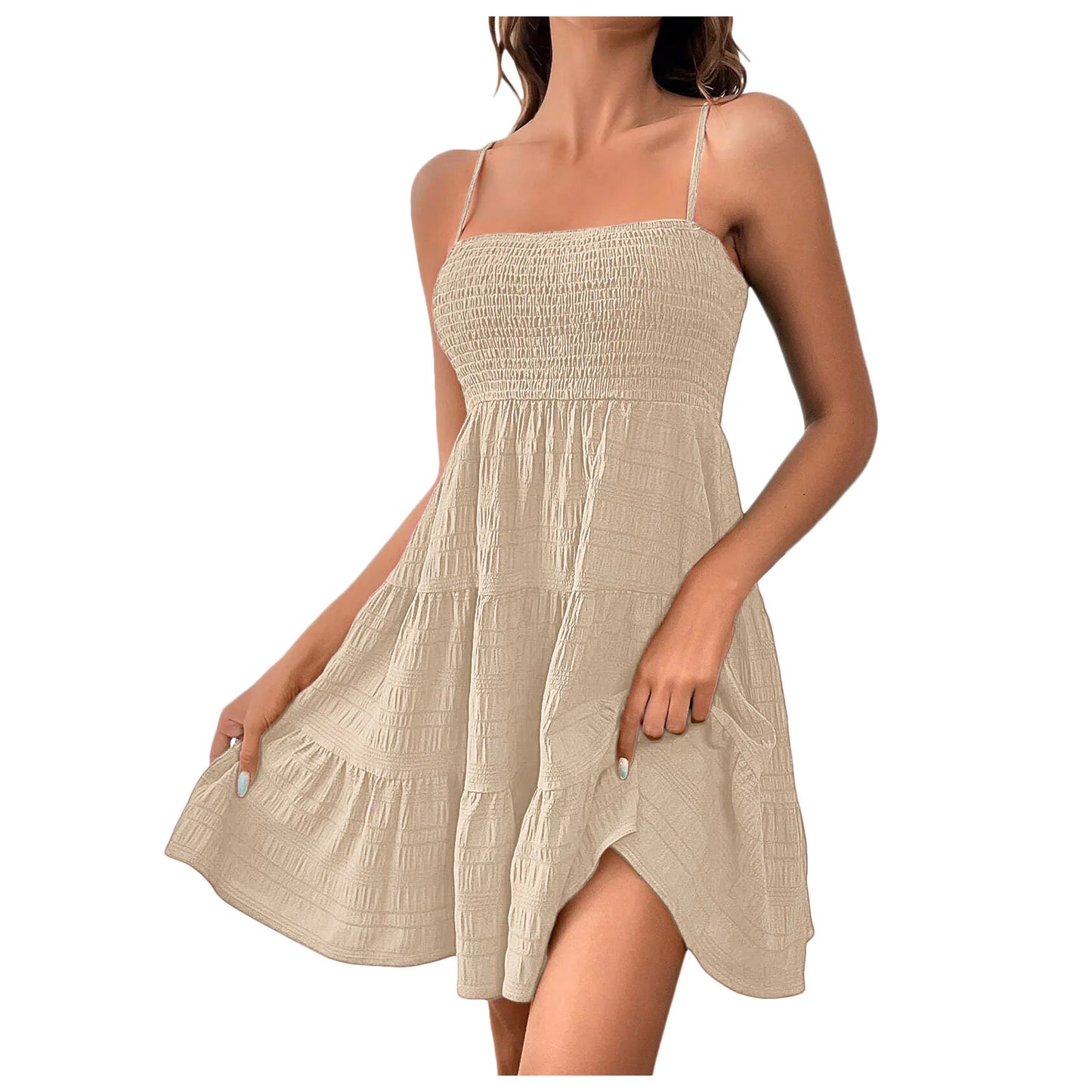 VEXIA Women's Plain Textured Ruffle Hem Shirred Cami Dress