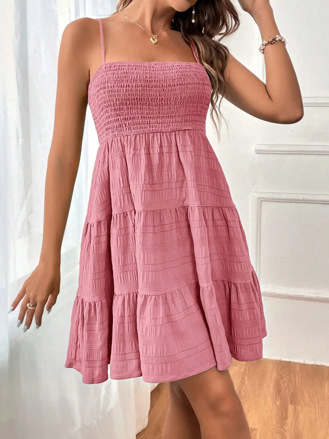 VEXIA Women's Plain Textured Ruffle Hem Shirred Cami Dress