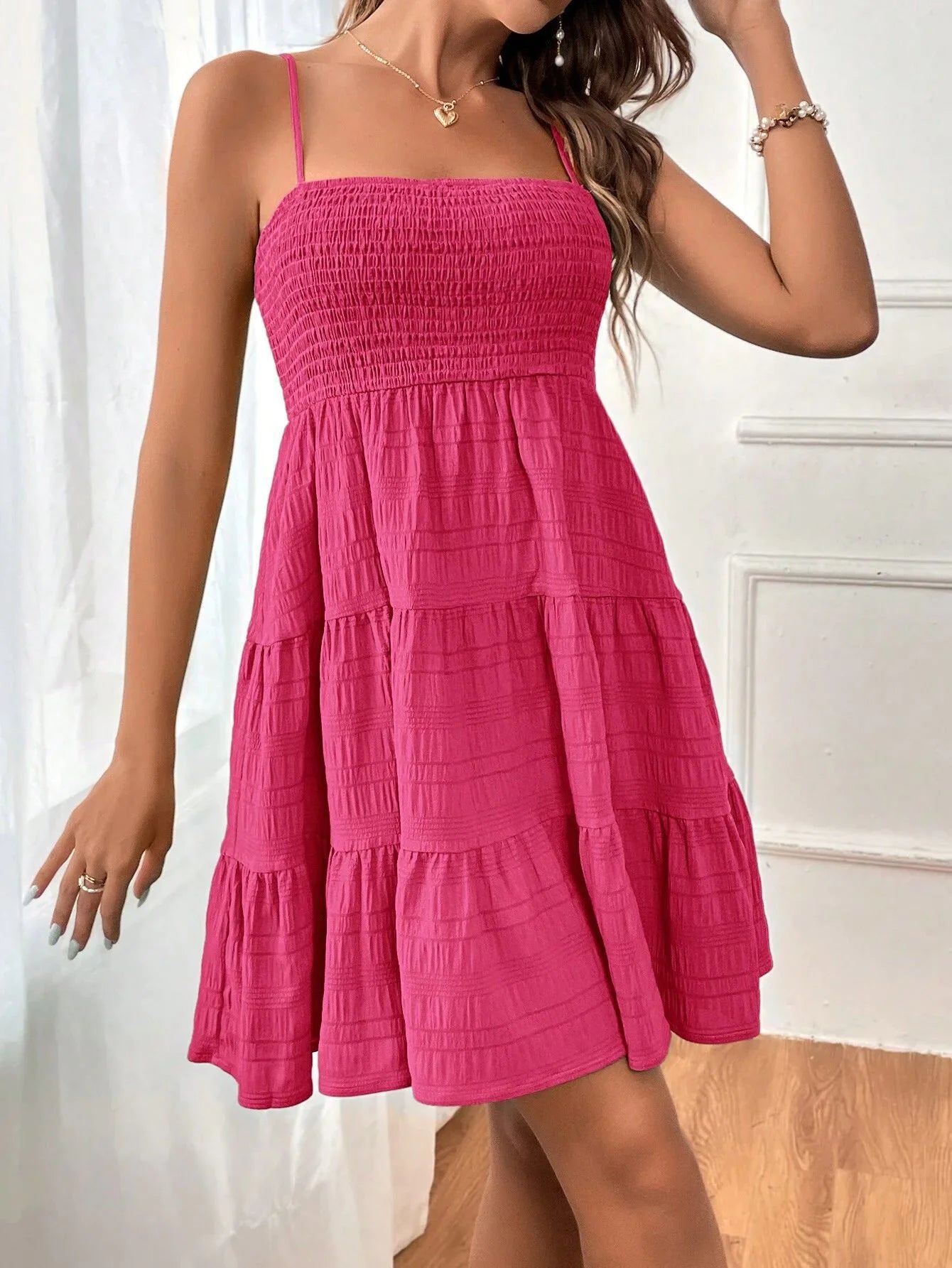 VEXIA Women's Plain Textured Ruffle Hem Shirred Cami Dress