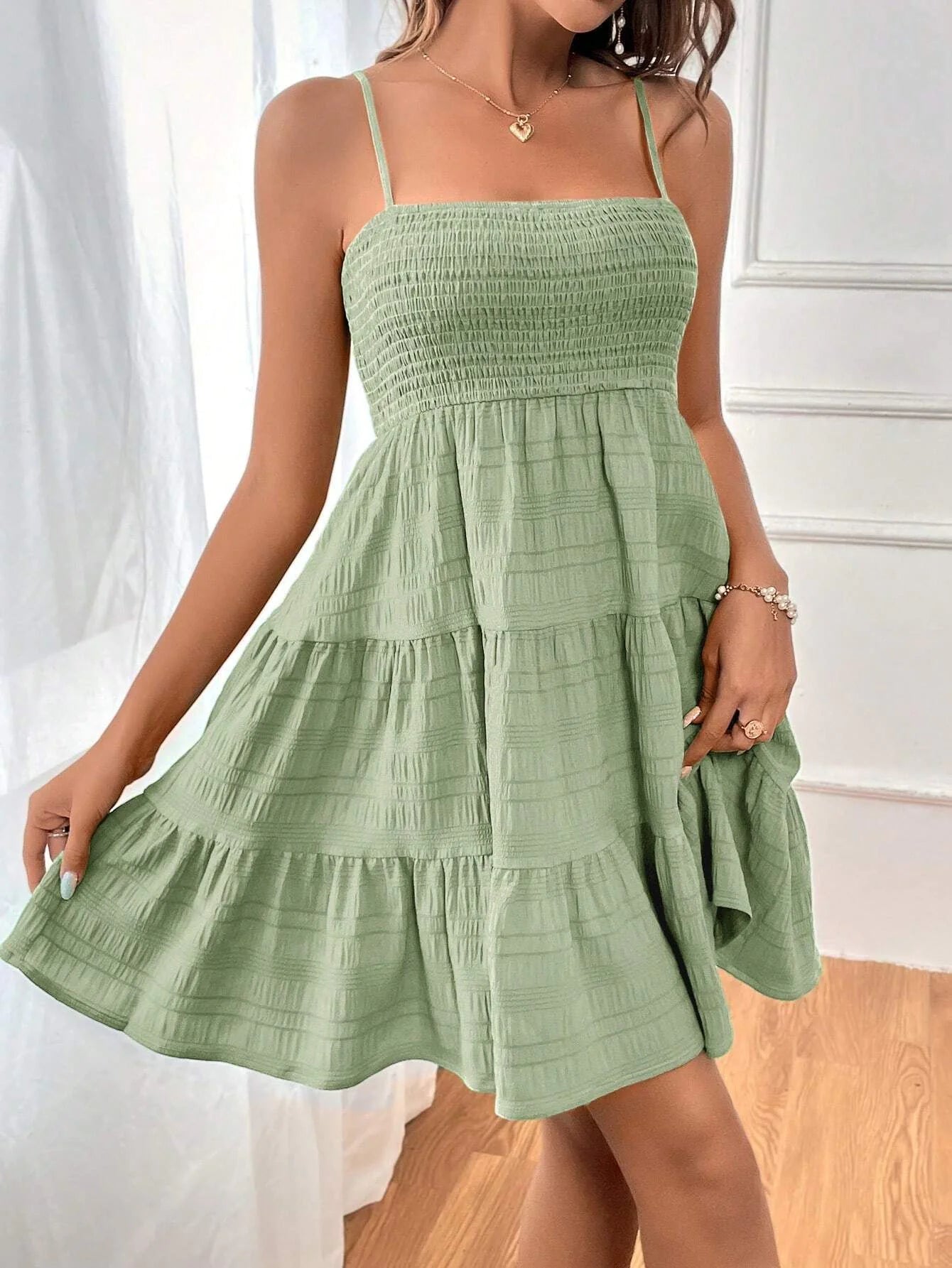 VEXIA Women's Plain Textured Ruffle Hem Shirred Cami Dress