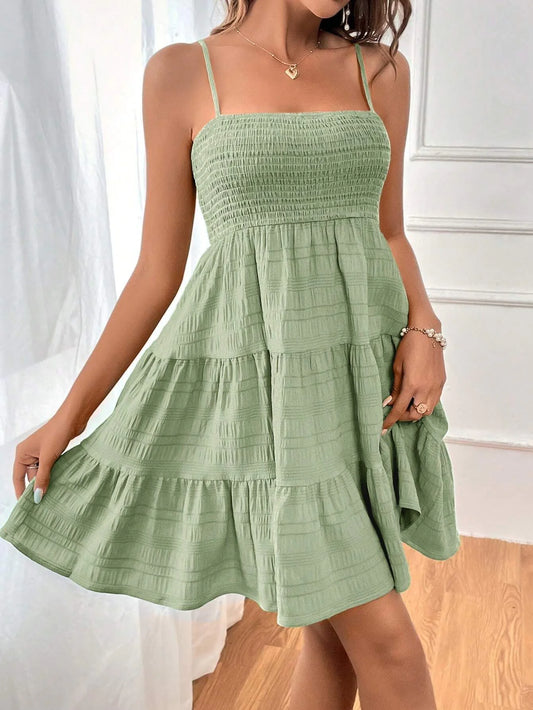 VEXIA Women's Plain Textured Ruffle Hem Shirred Cami Dress